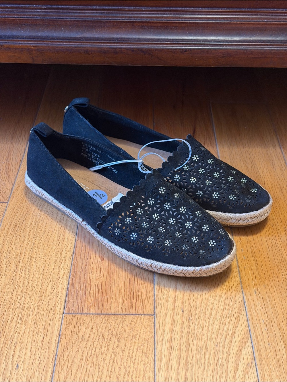 London Fog Black Laser-Cut Espadrille Slip-Ons with Jute Trim